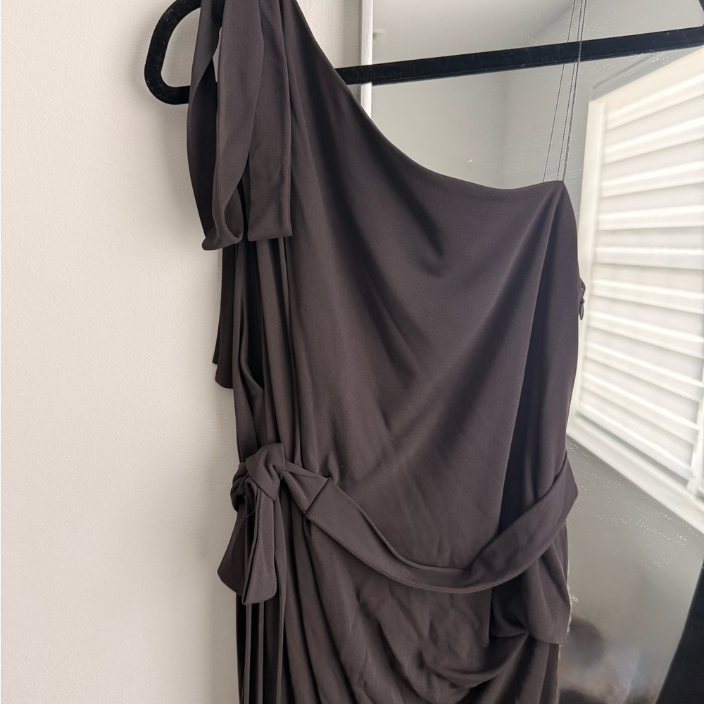 Robert Rodriguez Gown Elegant One-Shoulder Brown Dress with Waist Tie